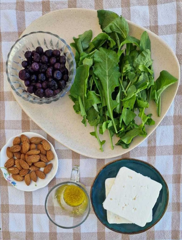 Blueberry Feta Arugula Almonds Salad ingredients