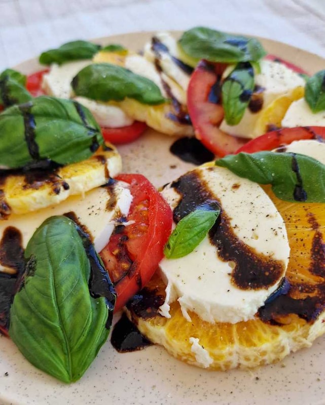 citrus caprese salad with orange, tomato, mozzarella, balsamic, basil recipe