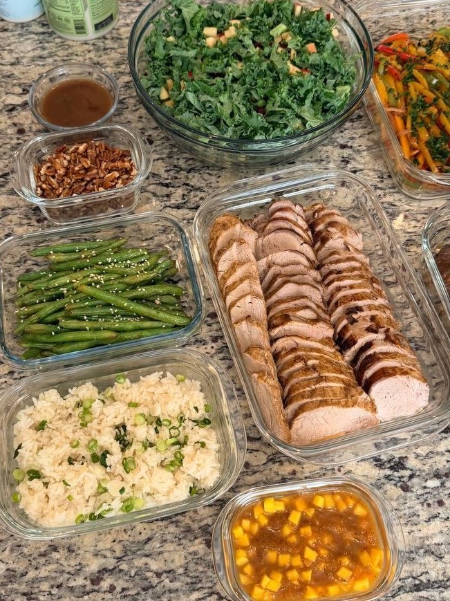 variety of foods are displayed on a table