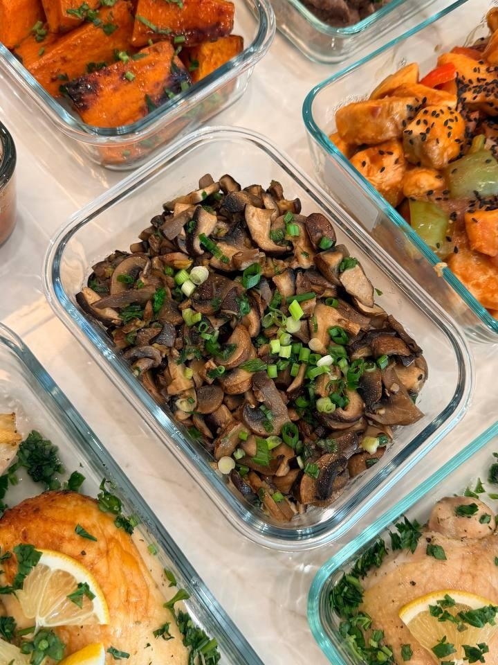 variety of dishes, including mushrooms and carrots