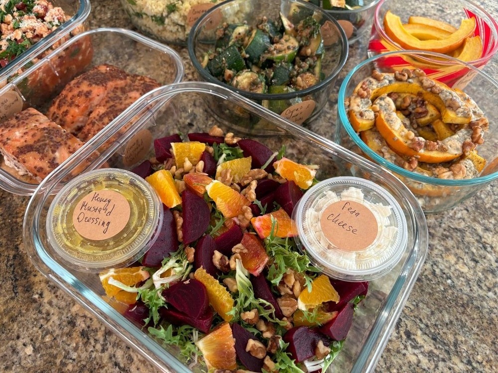 Beet and orange salad with dressing and feta cheese