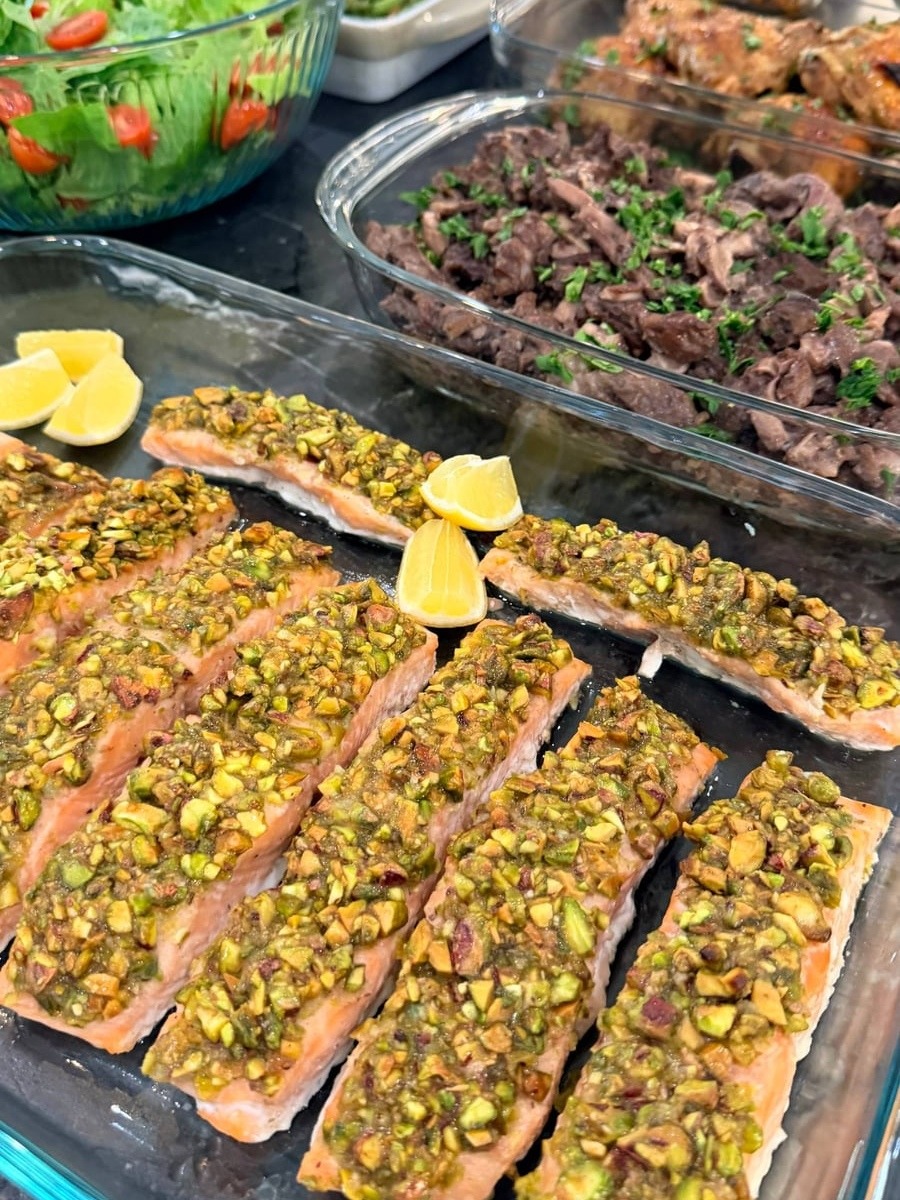 Pistachio-Crusted Salmon & Ribeye Strips Meal Prep