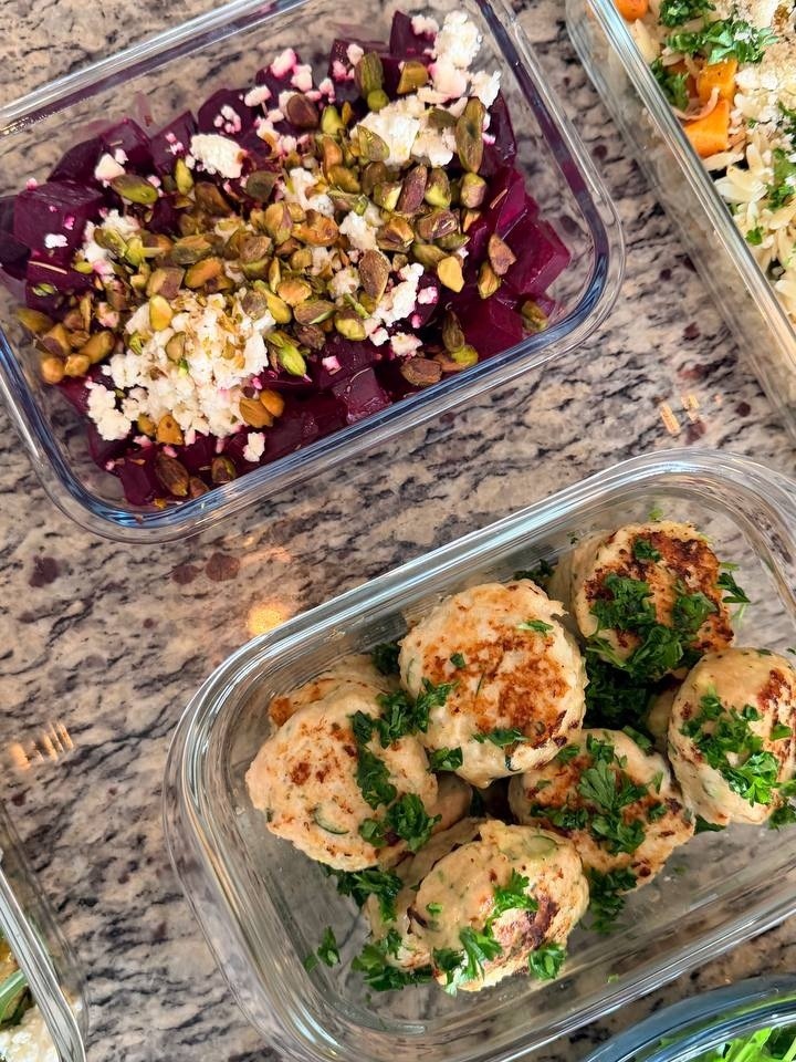Zucchini turkey fritters paired with baked golden beets topped with crunchy pistachio dukkah and creamy feta cheese.