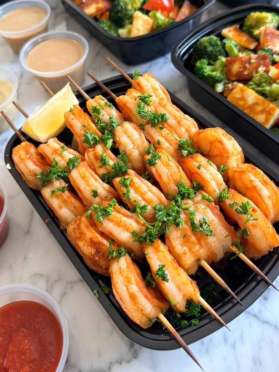 Black meal prep containers featuring grilled paprika lime shrimp skewers garnished with parsley, alongside containers of sautéed broccoli, bell pepper, and paneer cheese.