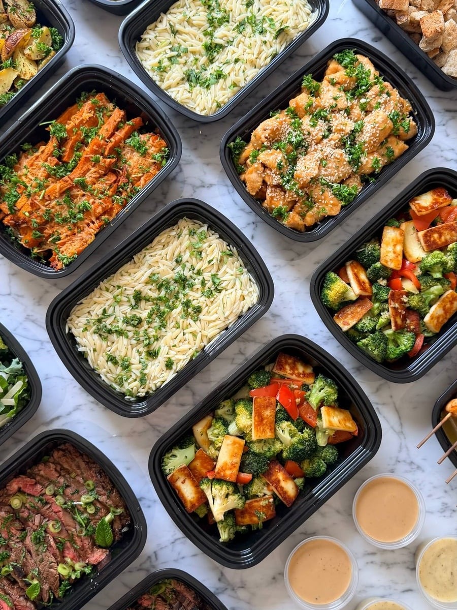 An overhead view of multiple black containers filled with orange glazed chicken, flank steak, cilantro lime orzo, broccoli paneer, and other balanced meal components.