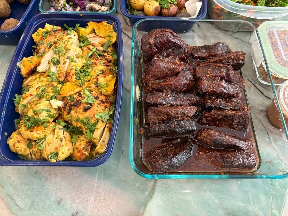 Grilled orange chicken and braised short ribs meal prep.