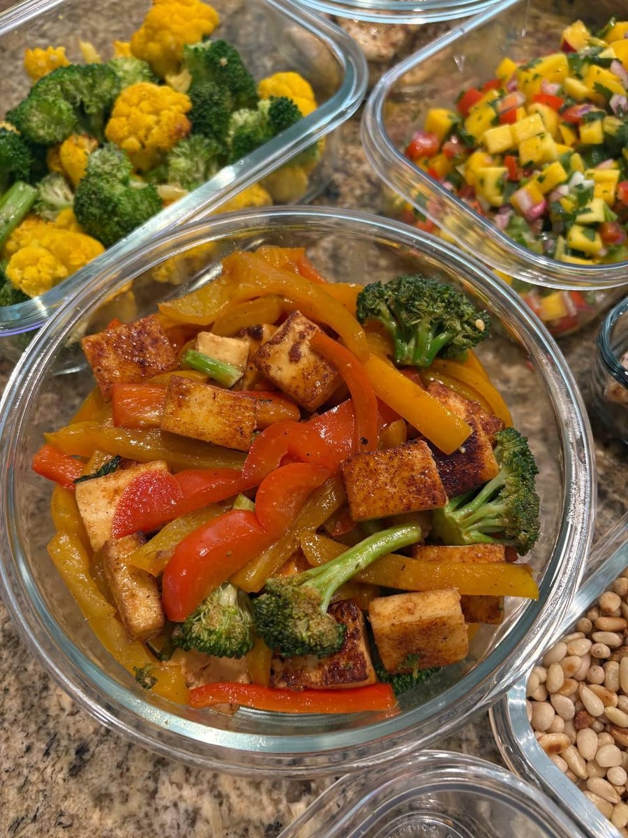bowl of vegetables, including broccoli and peppers