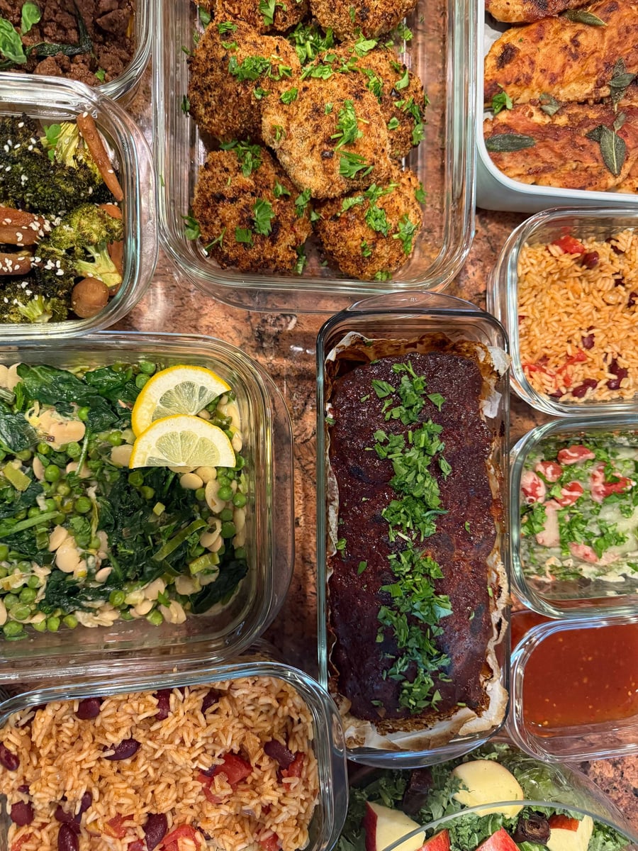 Lemon wheels tuck into creamy petite peas, butter beans and spinach beside the glazed meatloaf.