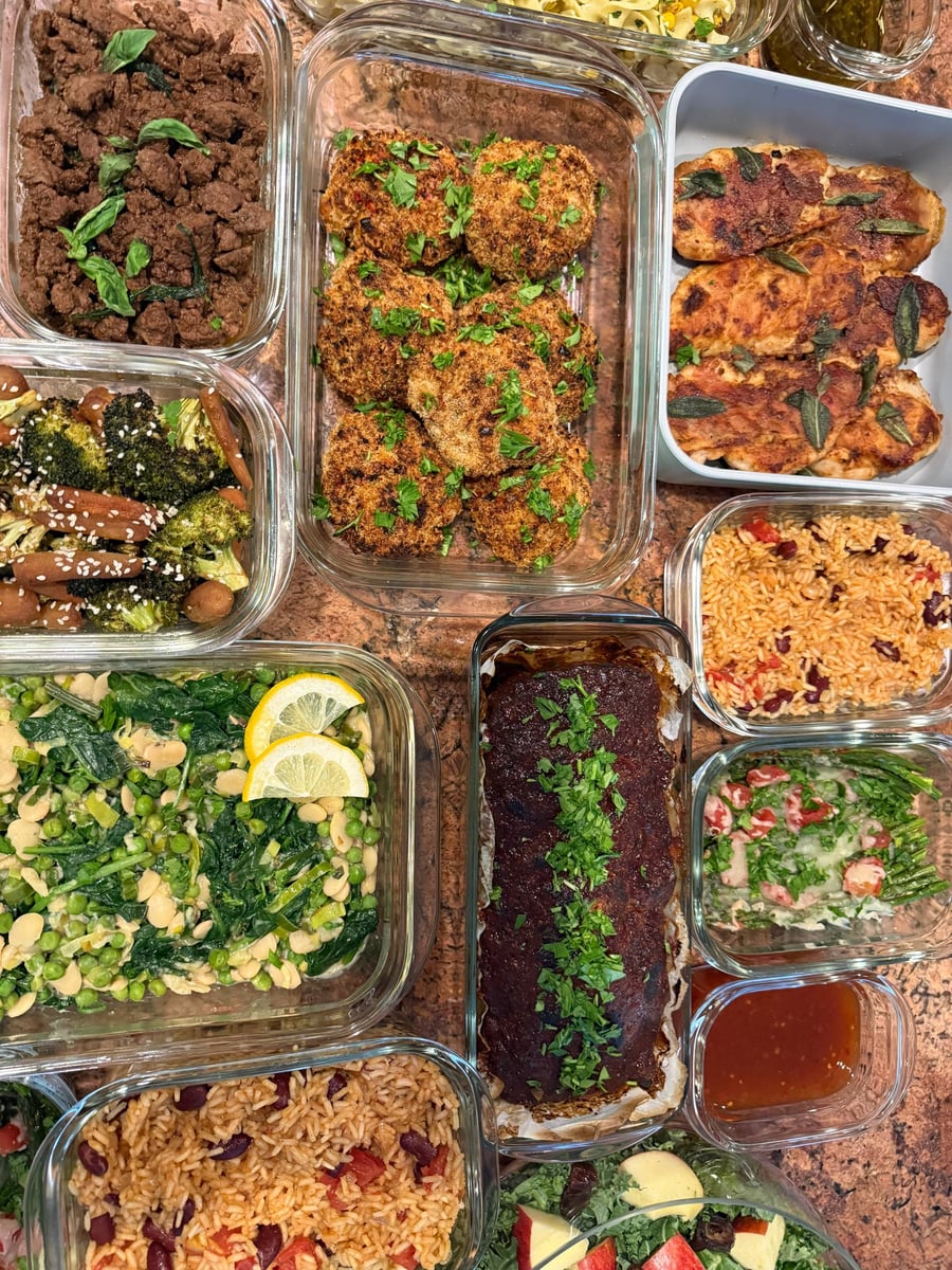 Basil leaves lie whole over the Thai ground beef, breaded shrimp cakes and sage saltimbocca alongside.