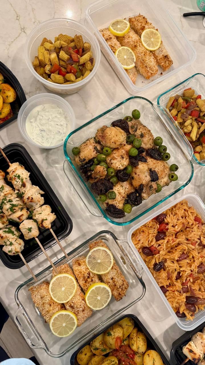 Lemon rounds sit on the coconut macadamia crust, tzatziki and baby corn stir fry in the same frame.
