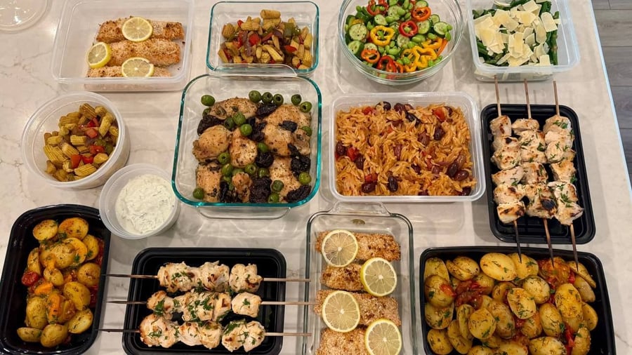 Everything at once from above: skewers, marbella thighs, orzo, fingerling potatoes and an edamame salad.