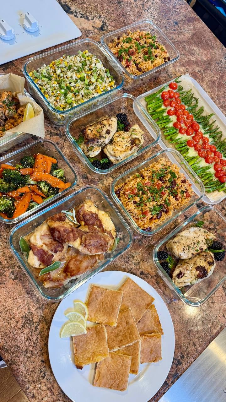Blackberry-stuffed chicken and Spanish rice join salmon bites, saltimbocca, couscous, vegetables and lemon bars.