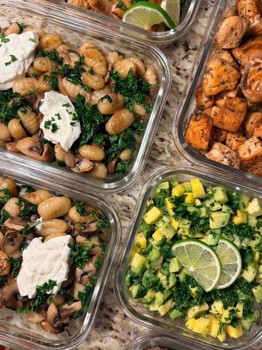Burrata dollops sink into the mushroom spinach gnocchi, salmon bites and mango salsa to the right.