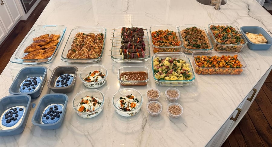 Mediterranean plates with beef kebobs and dill chicken patties, plus Turkish eggs and spirulina chia for breakfast