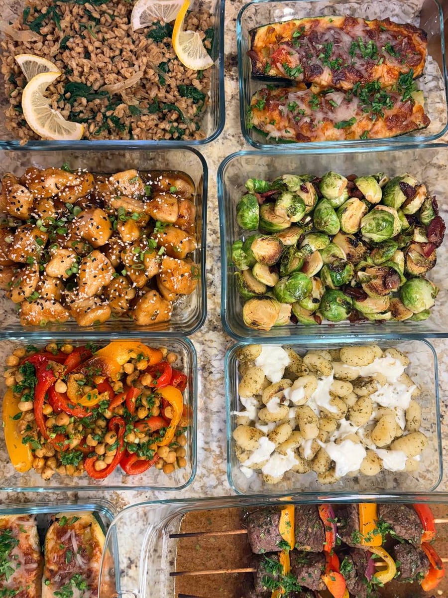 Scallion-flecked chicken bites and bacon Brussels sprouts lead farro, zucchini boats, chickpeas, gnocchi and kebabs.