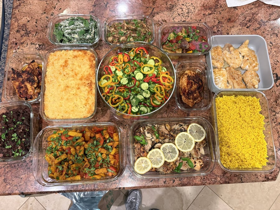 Cucumber and edamame salad meets lemon-topped chicken thighs, golden turmeric rice, seared chicken and sesame cod.