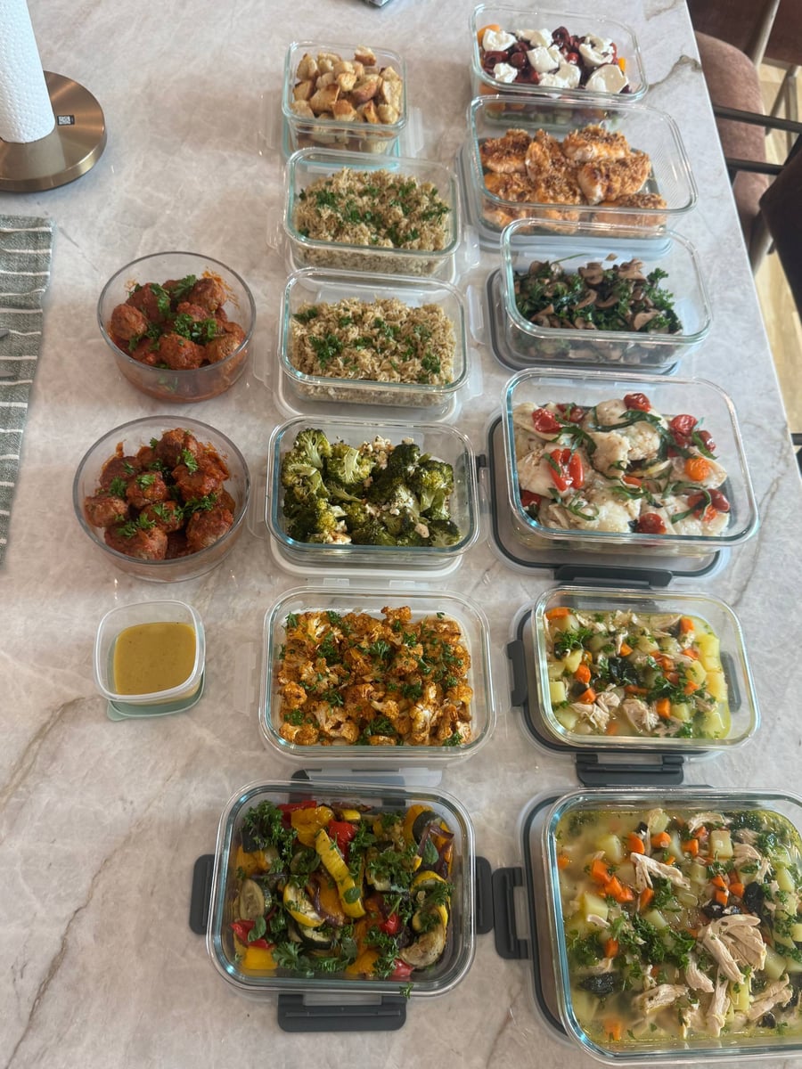 Crispy onion topping covers honey mustard chicken beside panzanella, herb rice, sauteed mushrooms and toasted croutons.