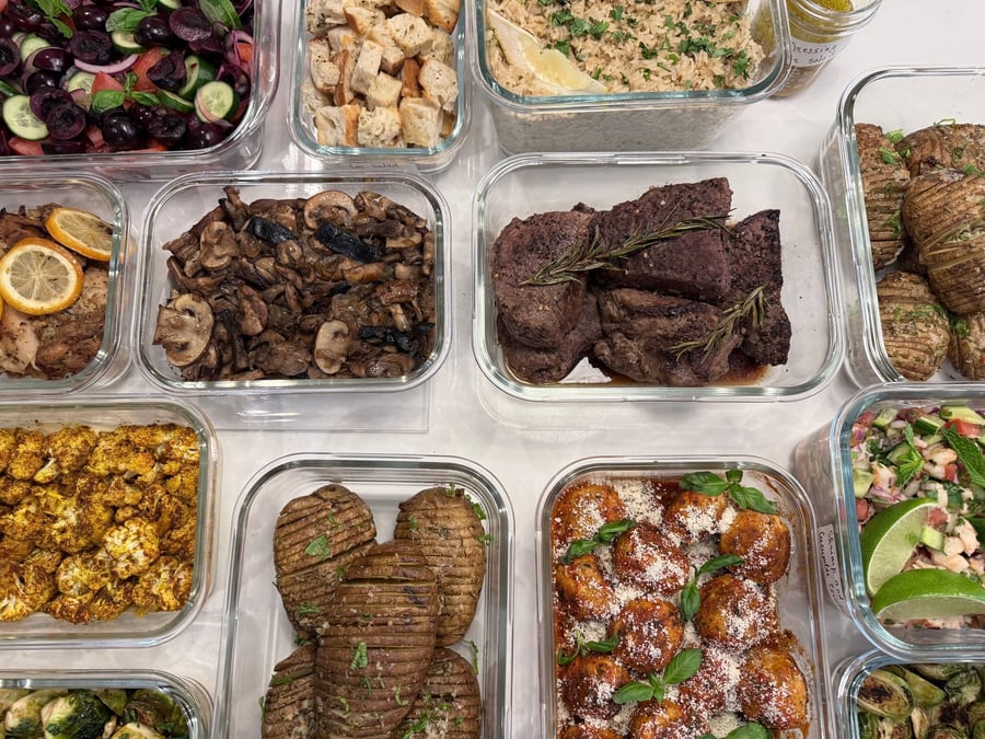 Golden cauliflower florets sit beside lemon chicken thighs, Hasselback potatoes and rosemary-topped sirloin.