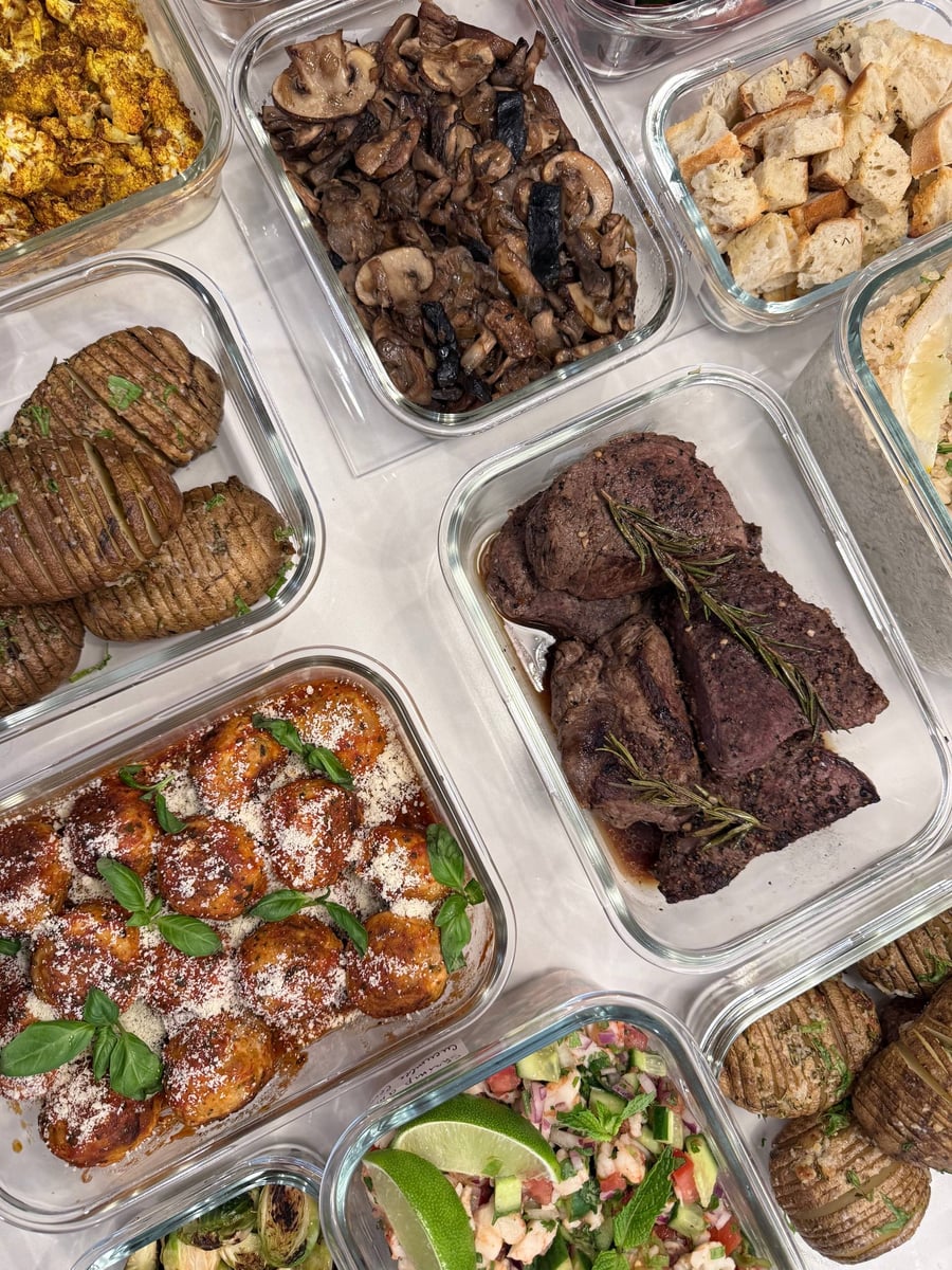 Pink-centered sirloin and basil-topped turkey meatballs frame shrimp ceviche, Hasselback potatoes and browned mushrooms.