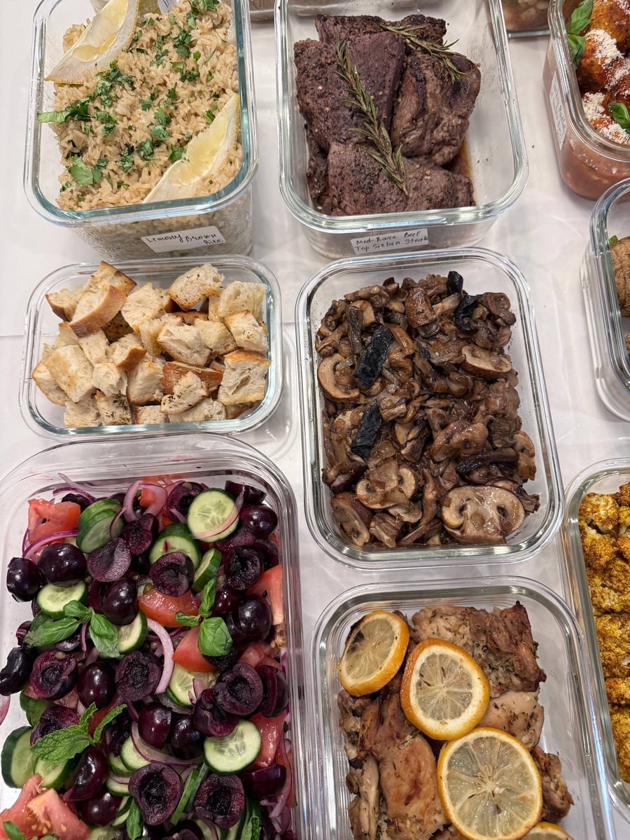 Peppered sirloin steaks rest beside lemony brown rice, sautéed mushrooms and a cucumber-studded panzanella.