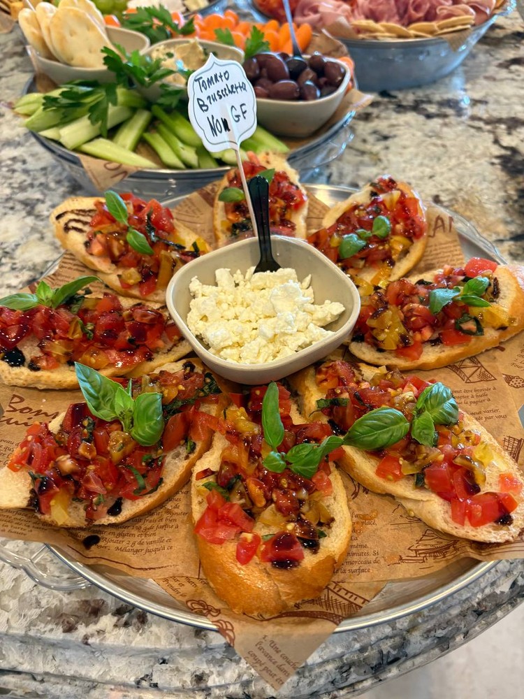Tomato bruschetta with fresh basil and feta cheese.