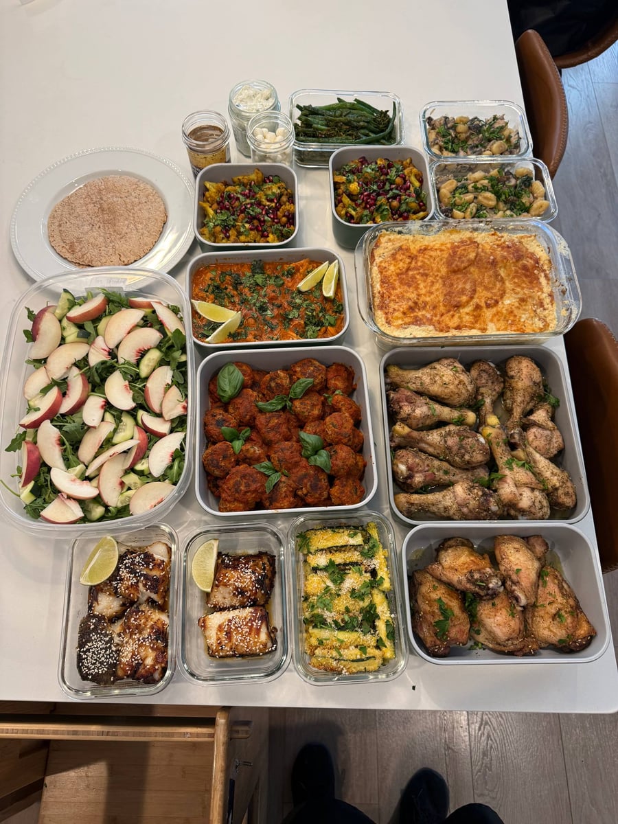 Parmesan and parsley coat crispy baked zucchini sticks, miso halibut and beef meatballs either side.