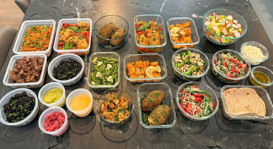 Mexican braising and Levantine spice next to glazed salmon, black rice and a cold melon salad