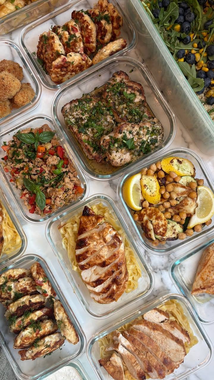 Chopped garlic and herbs blanket four pork chops, fettuccine alfredo and halloumi chickpeas crowding the marble.