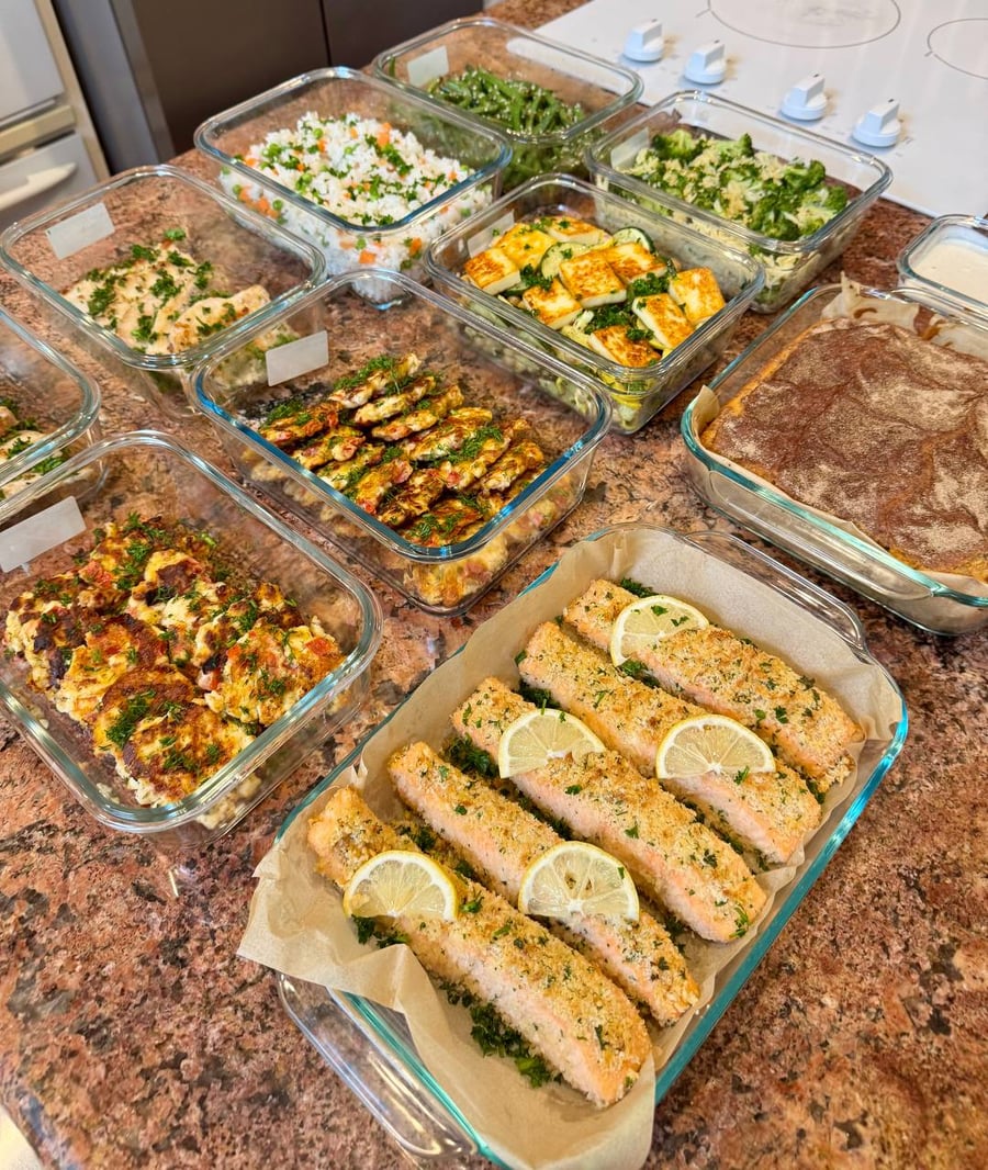 Broccoli florets in Parmesan orzo and golden halloumi cubes crowd behind a tray of panko salmon.