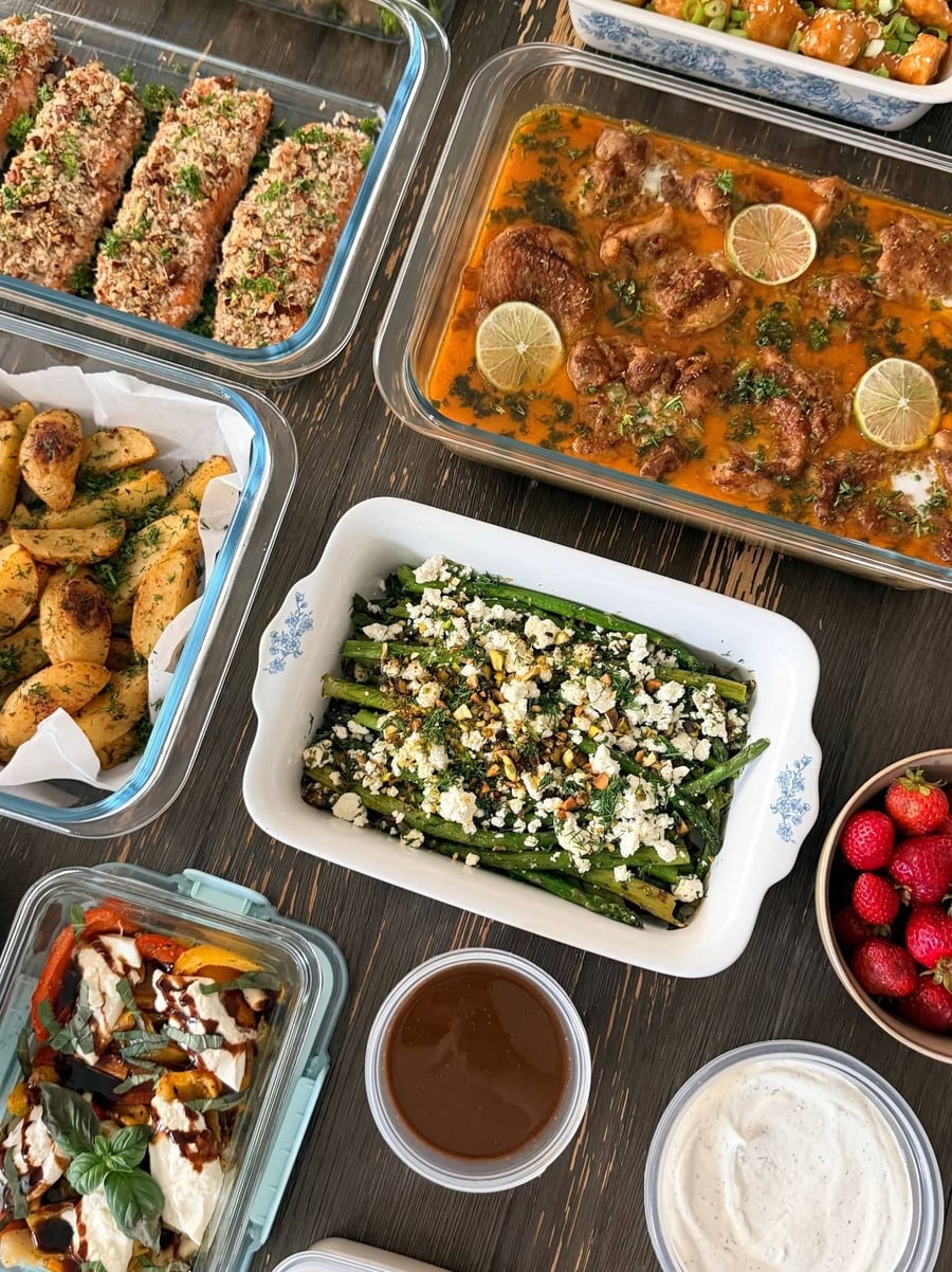 Feta and crushed pistachios cover the dill asparagus in its white dish, ranch and horseradish in tubs nearby.