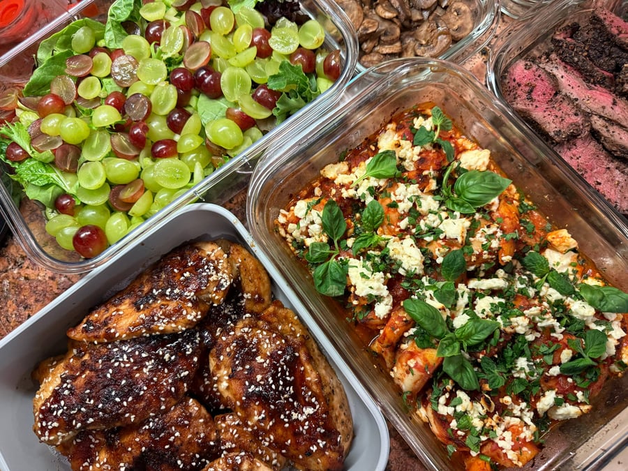 Pan browned mushrooms pile up next to the coffee crusted filet, grapes and greens off to the left.