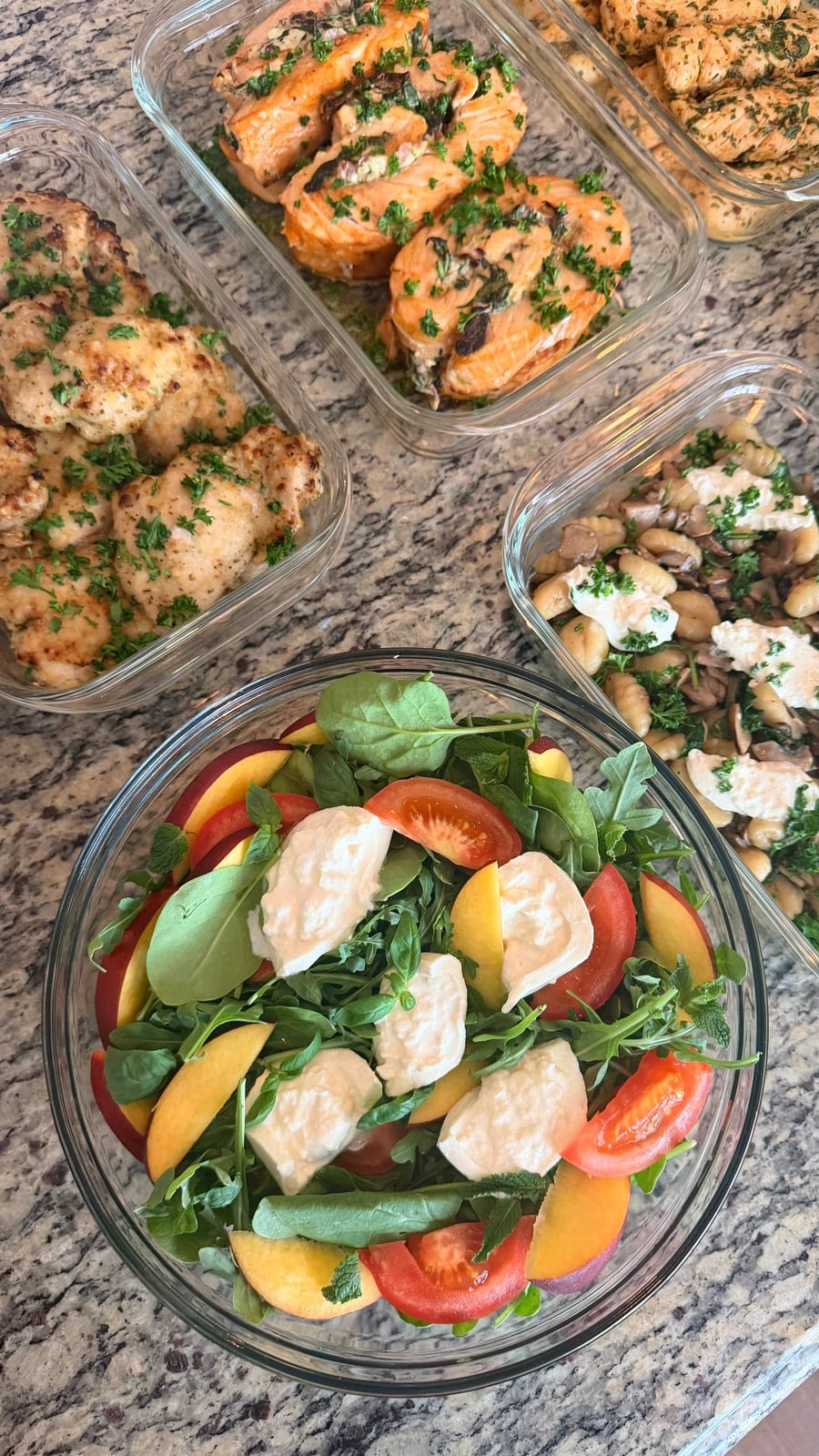 Glass meal prep containers filled with spinach stuffed salmon, garlic parmesan chicken, mushroom gnocchi with burrata, and a fresh peach mozzarella salad.
