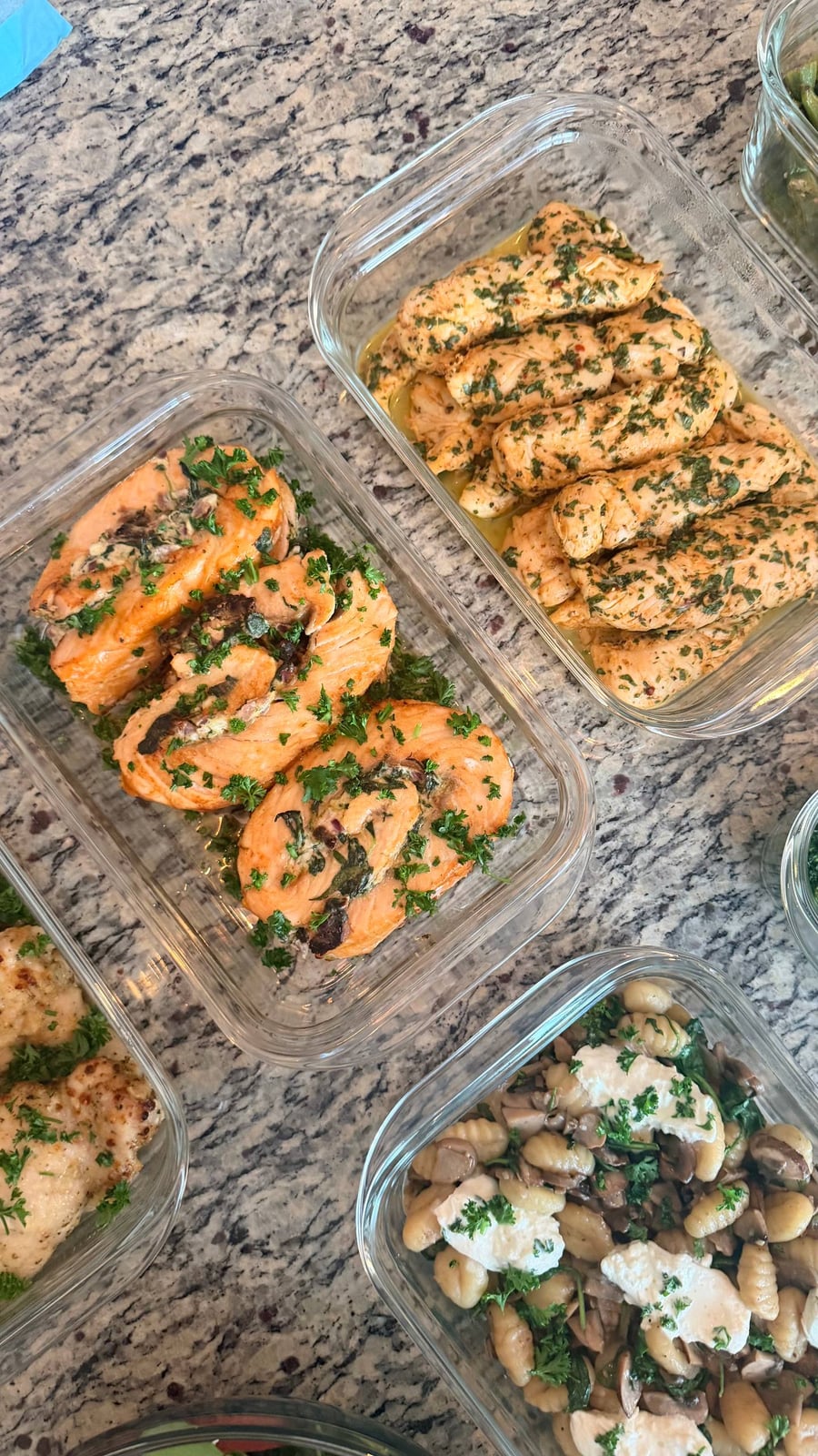 Glass meal prep containers feature spinach-stuffed salmon pinwheels, honey lime chicken tenders, and mushroom spinach gnocchi topped with creamy fresh burrata cheese in sauce.