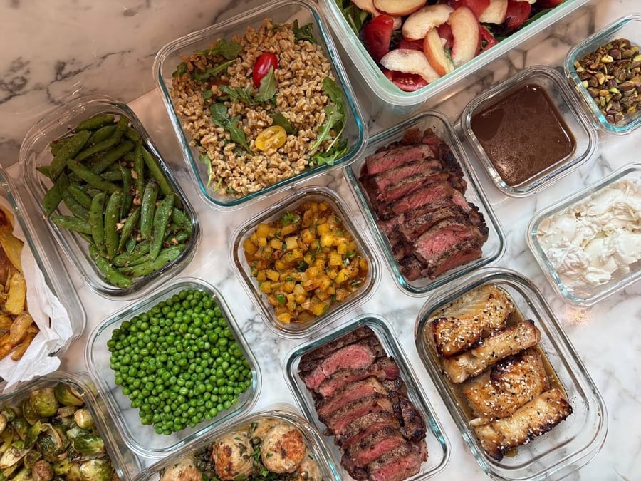 Panko nuggets, harissa carrots and two kinds of Brussels sprouts frame the sliced strip steak.