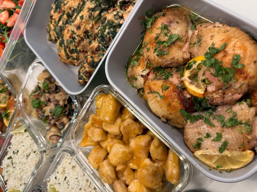 Greek lemon chicken and rosemary filet mignon, paired with orange-glazed chicken bites and a signature spinach ricotta salmon