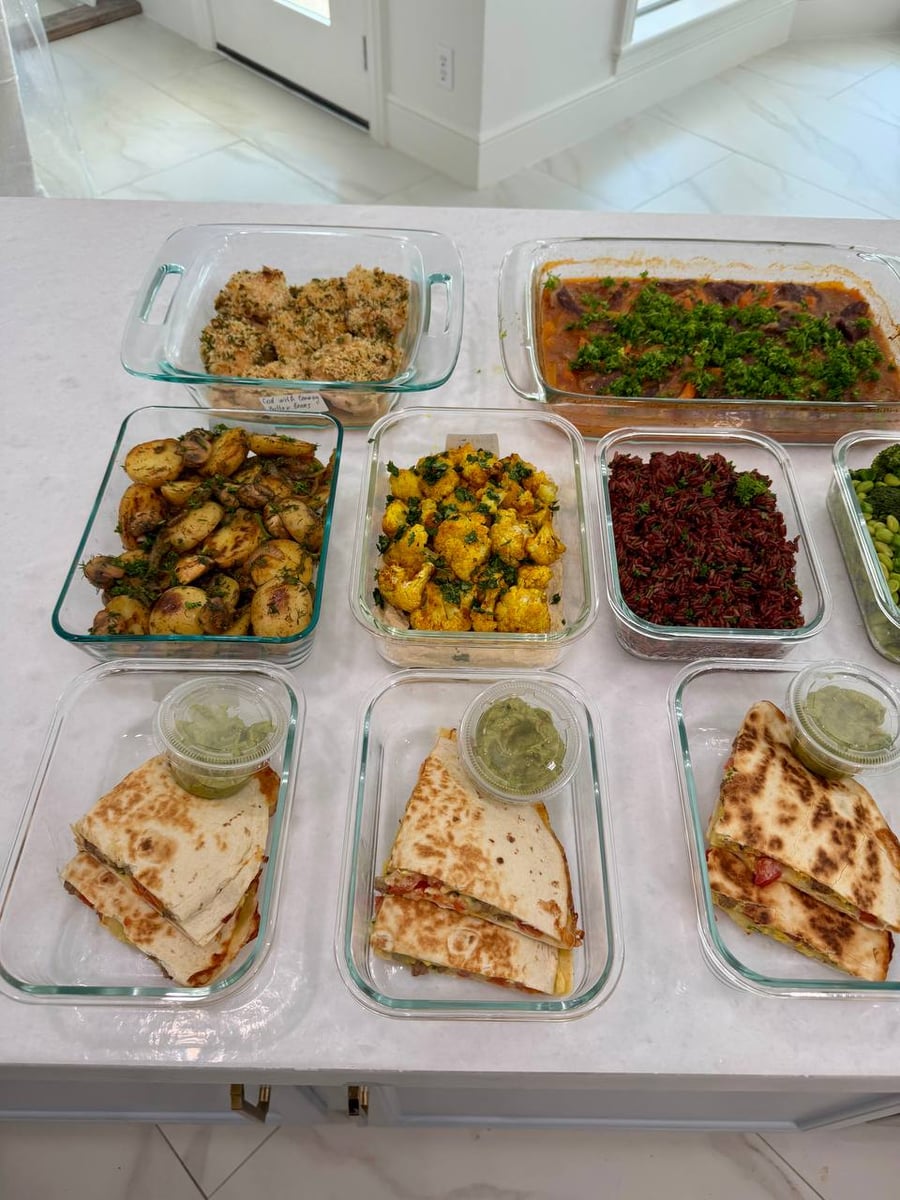 Dill potatoes, turmeric cauliflower and red rice line up under the beef braise and three quesadillas.