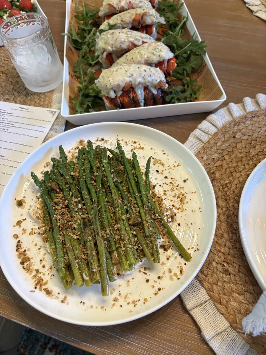 Lemon charred asparagus on a whipped feta pillow with toasted breadcrumb and pistachio crumble.
