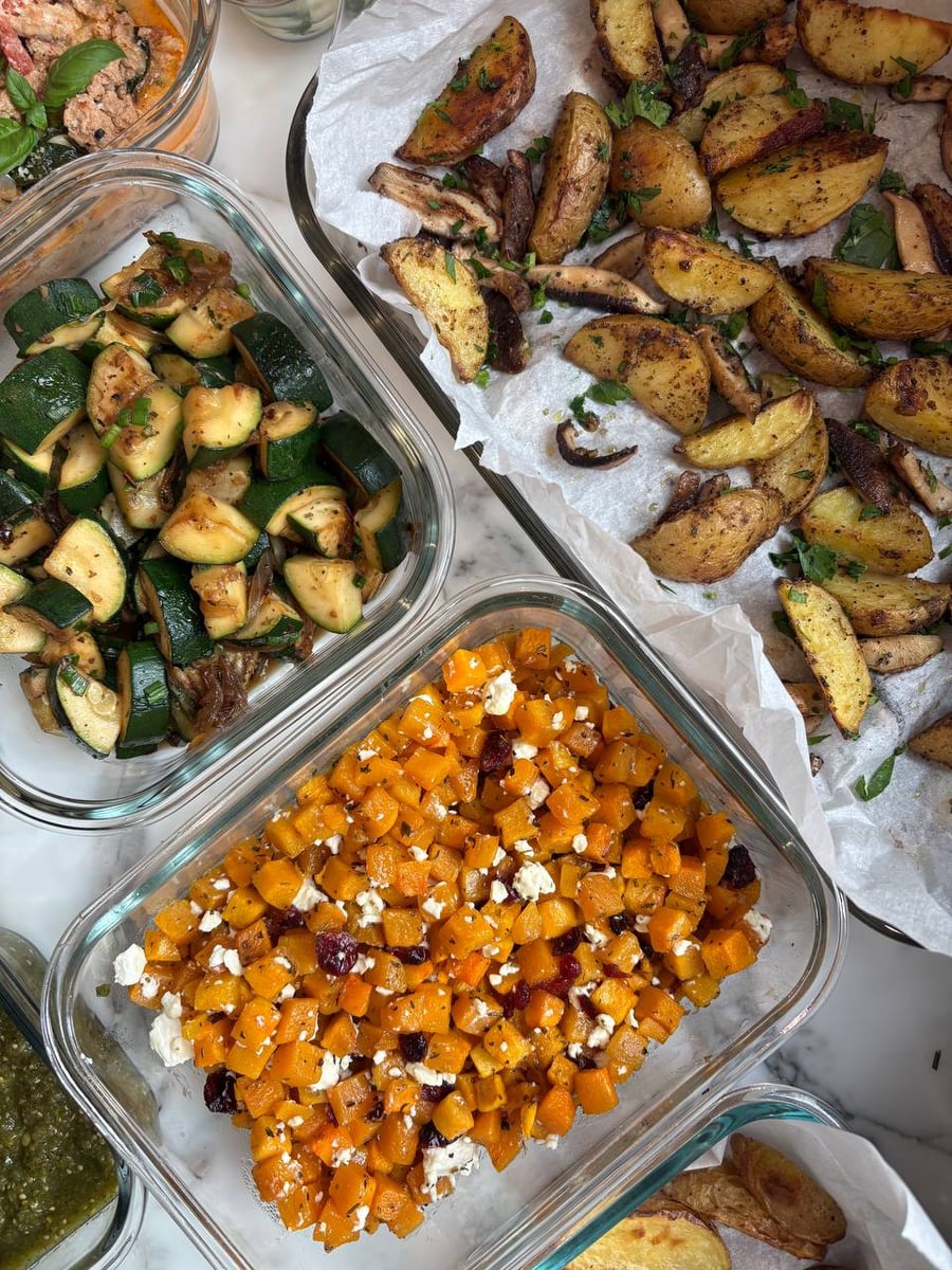 This vibrant collection features tender seared zucchini tossed with aromatic onions, alongside golden truffle oil baked potato wedges and savory mushrooms.