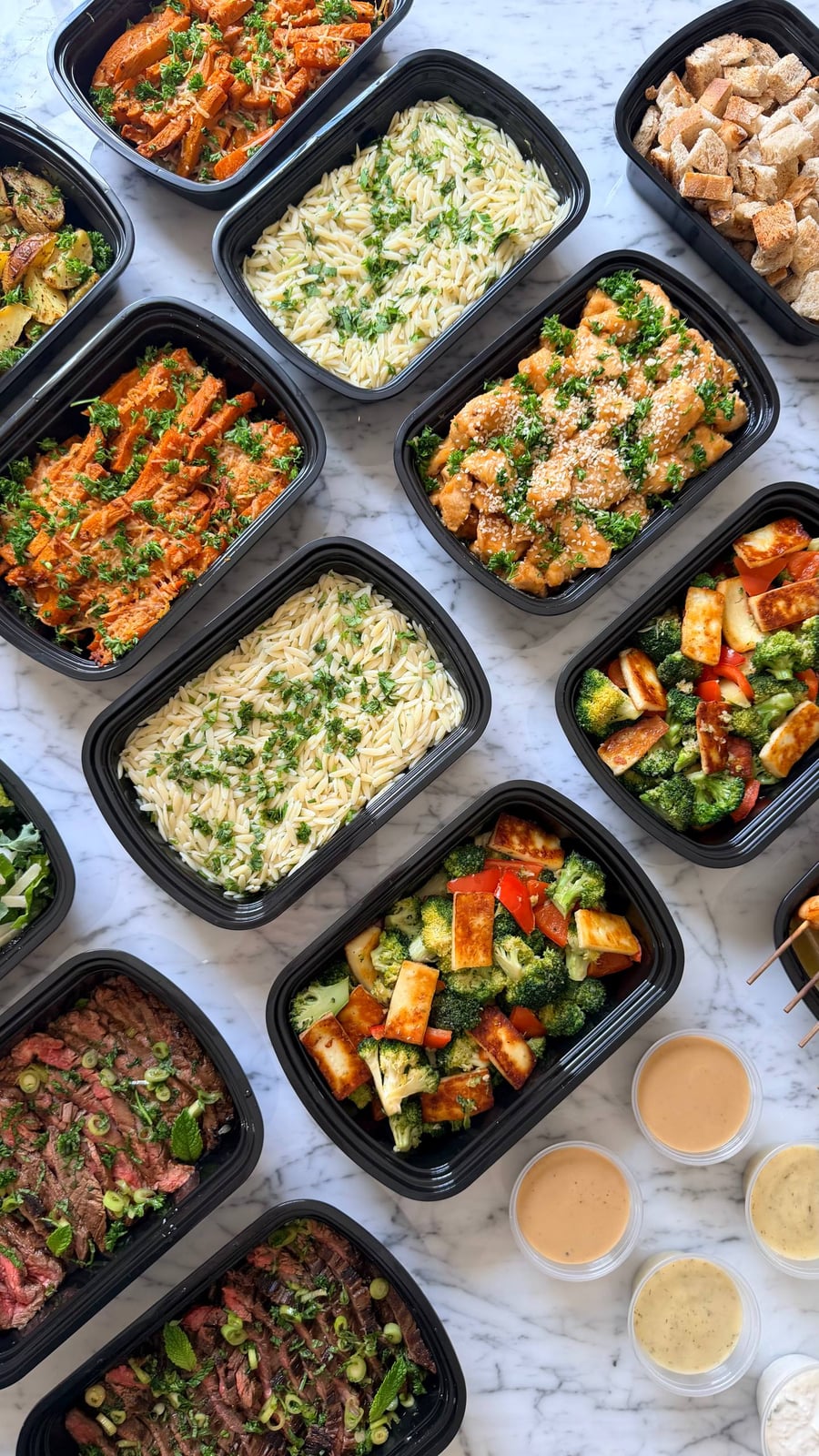An overhead view of multiple black containers filled with orange glazed chicken, flank steak, cilantro lime orzo, broccoli paneer, and other balanced meal components.