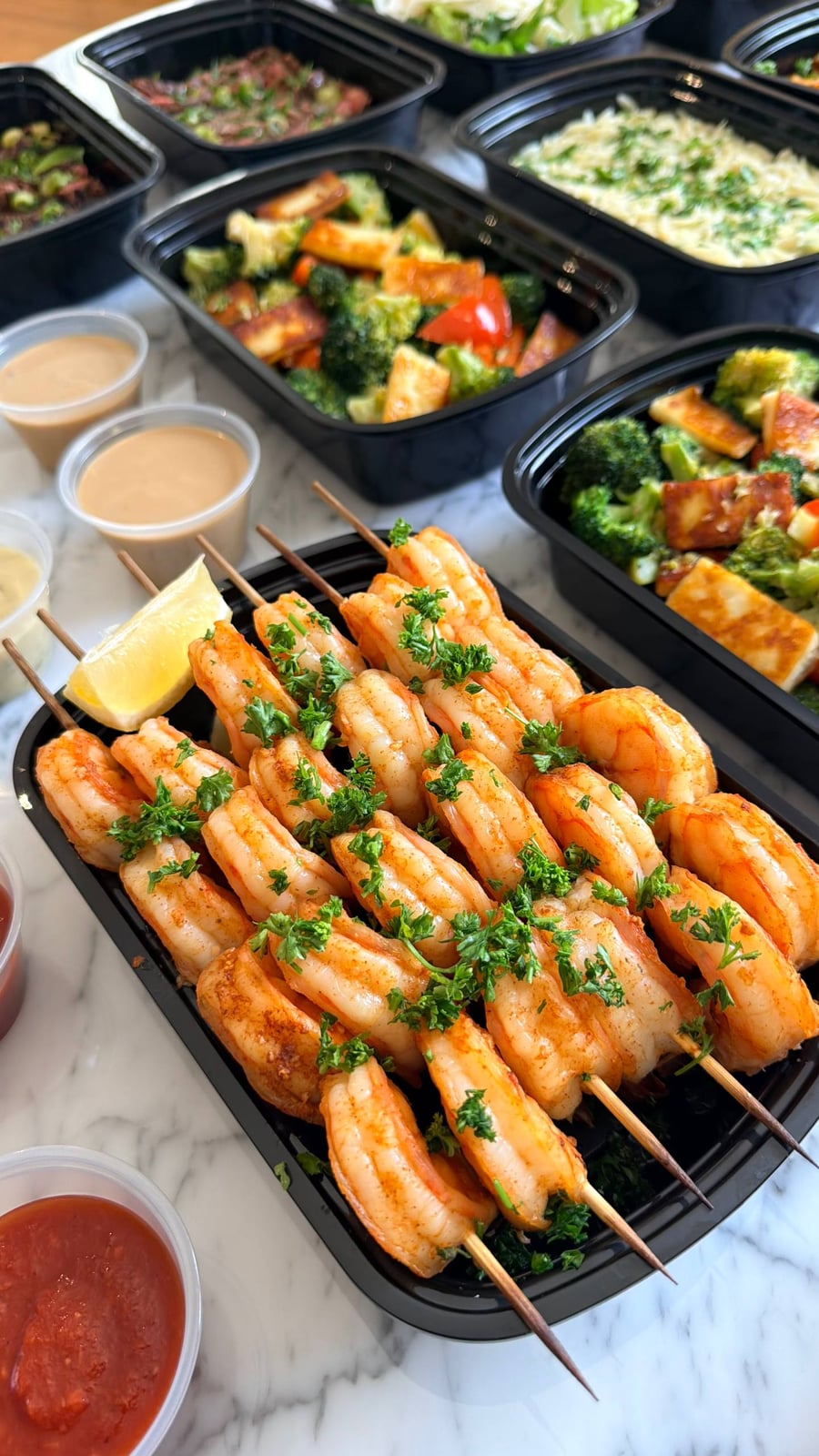 Black meal prep containers featuring grilled paprika lime shrimp skewers garnished with parsley, alongside containers of sautéed broccoli, bell pepper, and paneer cheese.