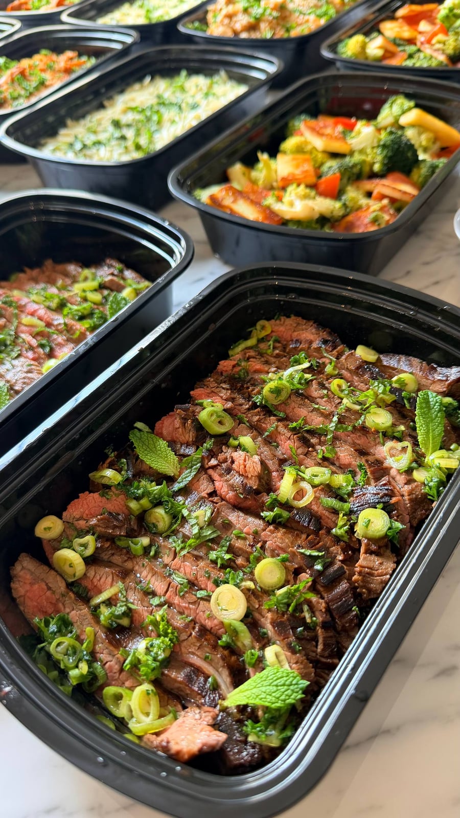 A black container filled with thinly sliced Vietnamese flank steak topped with fresh vibrant green scallions and mint leaves in a savory vinaigrette.