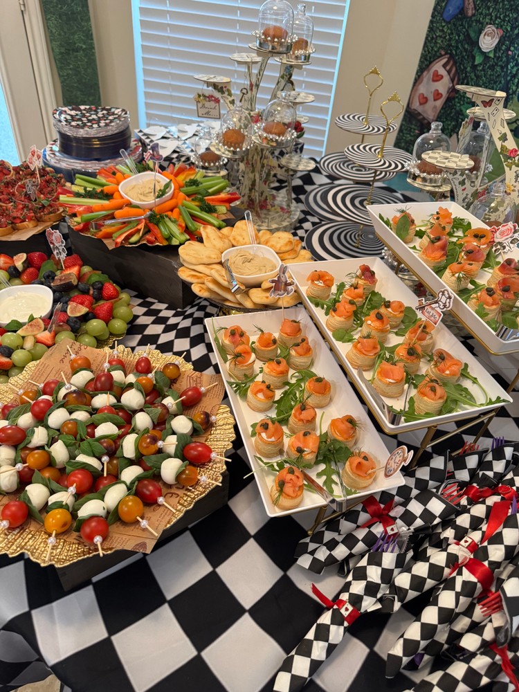 Expansive view of the buffet table with appetizers.