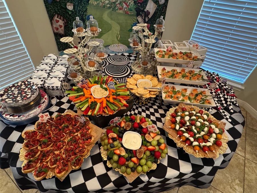Full view of the elaborate appetizer buffet spread.
